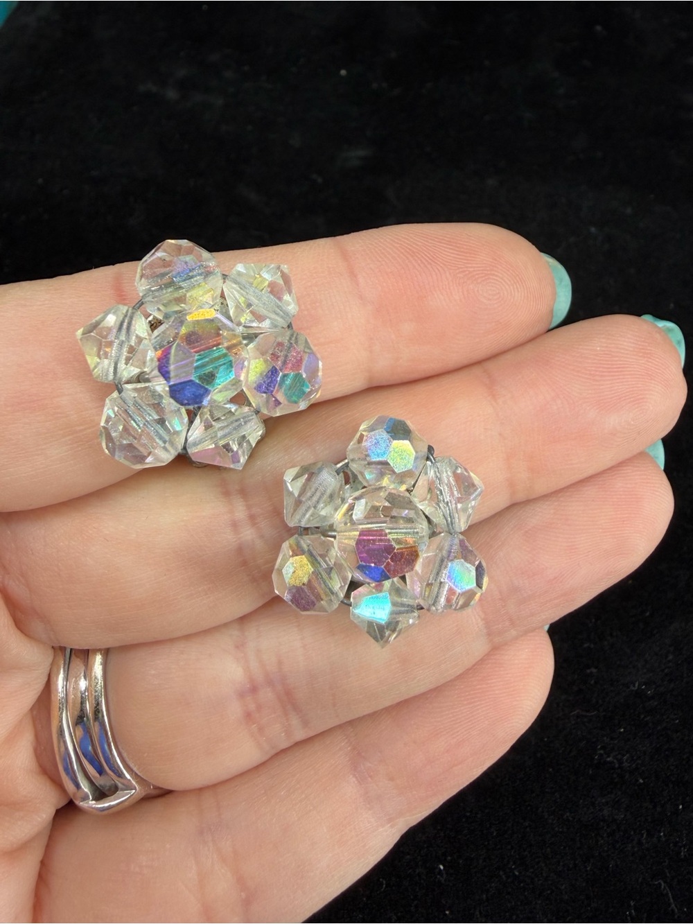 Vintage AB Crystal Cluster Earrings Clip On Silver Tone Jewelry - Picture 1 of 4